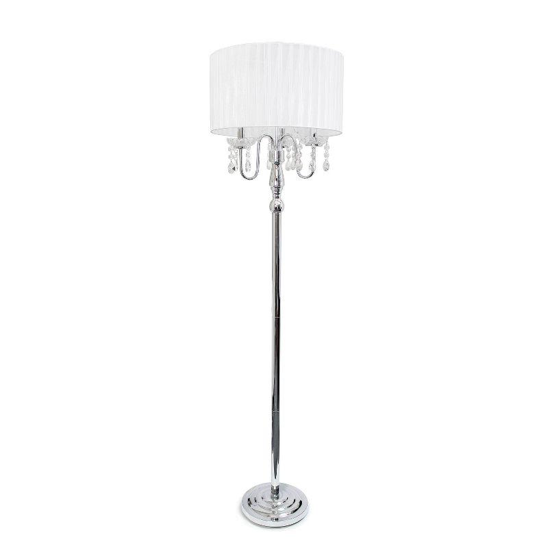 Elegant White Chrome Floor Lamp with Sheer Shade and Hanging Crystals
