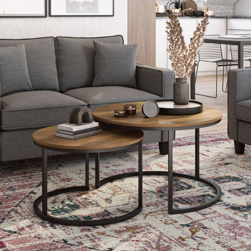 Contemporary Round Wood & Metal Nesting Coffee Tables - Black/Brown