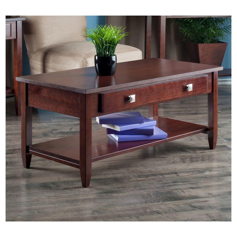 Richmond Coffee Table with Tapered Leg Walnut Finish - Winsome: Storage Shelf, Modern Brushed-Chrome Knobs