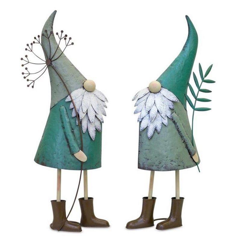 Teal Iron Garden Gnomes with Flowers, Set of 2