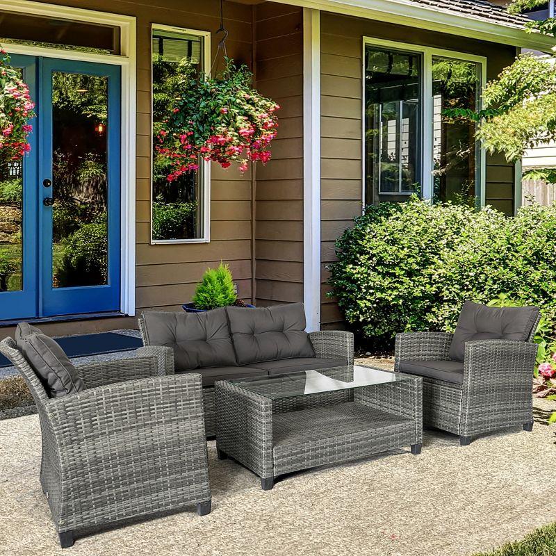 Outsunnny 4 Piece Patio Furniture Set, Outdoor Wicker Loveseat Sofa & Chairs, with 2-Tier Coffee Table & Tufted Cushions, Carbonized