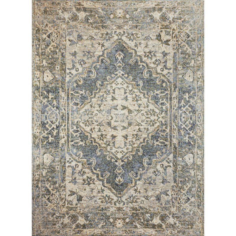 Pavel Blue and Cream 4' x 6' Washable Medallion Rug