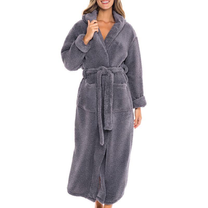 ADR Womens Fluffy Robe, Fuzzy Robe for Women, Long Hooded Robes for Women, Plus Size Robe Steel Gray XS