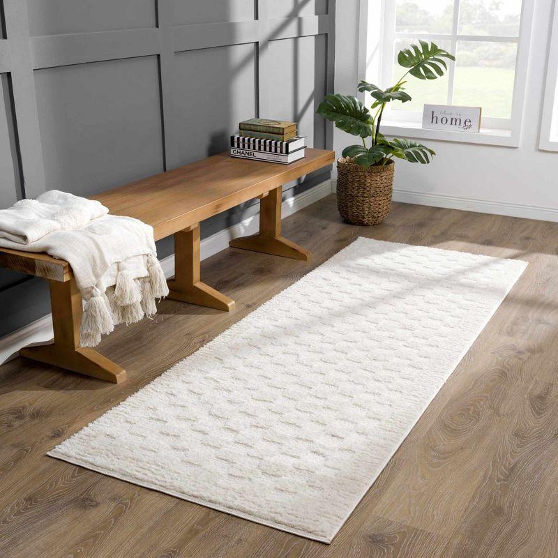 Ivory Geometric High Pile Polyester Area Rug 6'7" x 9'