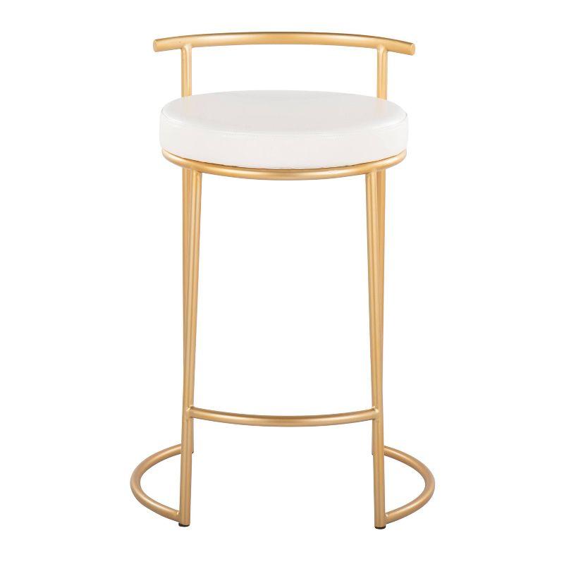 Set of 2 White Leather and Gold Metal Counter Stools