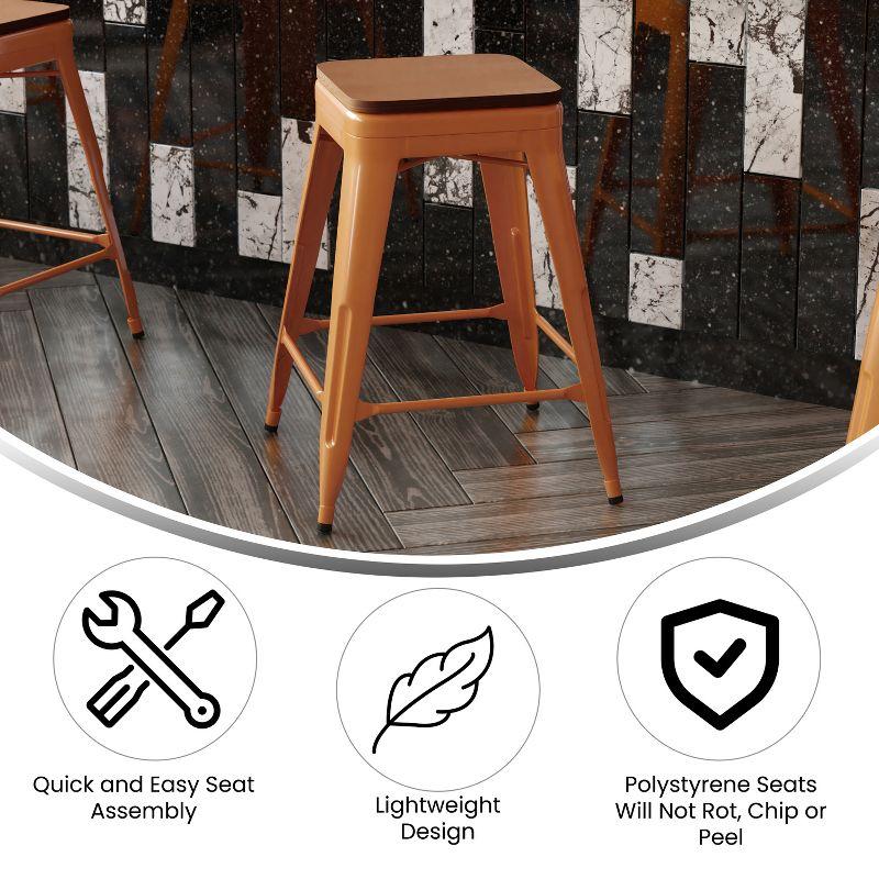 Flash Furniture Kai Commercial Grade 24" High Backless Orange Metal Indoor-Outdoor Counter Height Stool with Teak Poly Resin Wood Seat