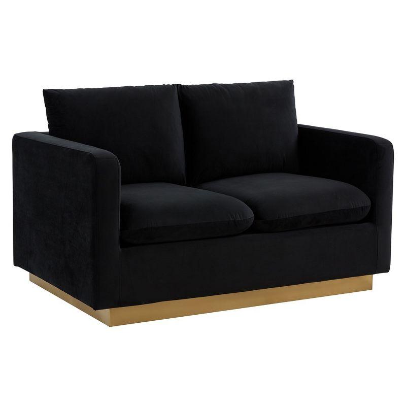 LeisureMod Nervo Mid-Century Modern Upholstered Velvet Loveseat with Gold Frame in Midnight Black
