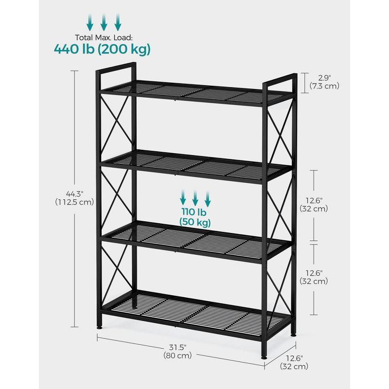 SONGMICS 4-Tier Metal Storage Rack, Shelving Unit with X Side Frames, Dense Mesh, 12.6 x 31.5 x 44.3 Inches, Industrial Style, Ink Black