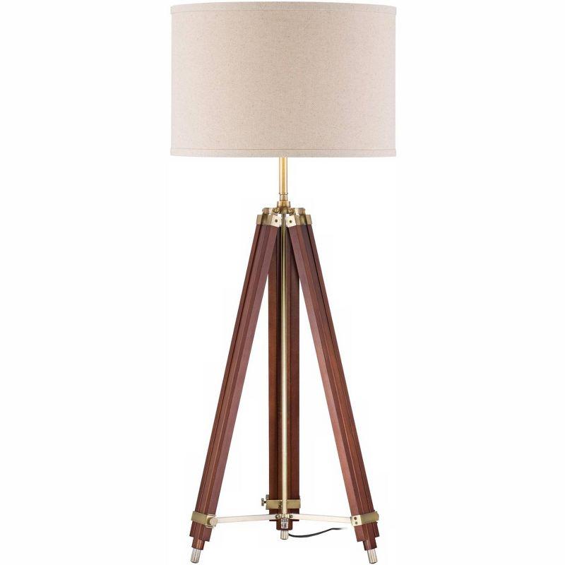 Possini Euro Design Surveyor Modern Tripod Floor Lamp 57 1/2" Tall Cherry Wood Adjustable Beige Linen Drum Shade for Living Room Bedroom Office House