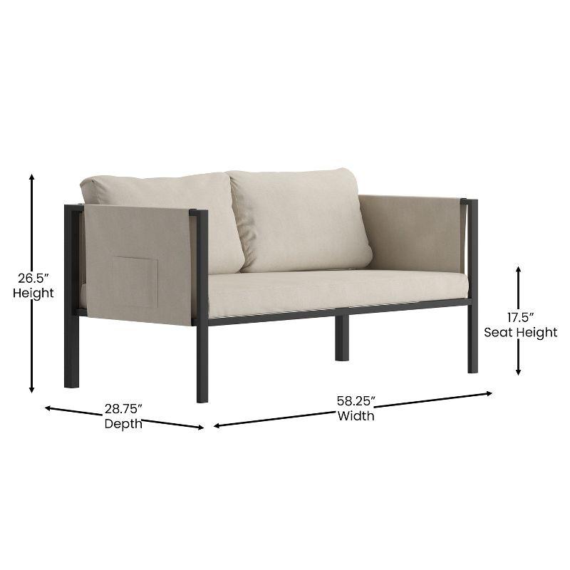 Sophisticated Steel Frame Outdoor Loveseat with Light Gray Cushions and Storage