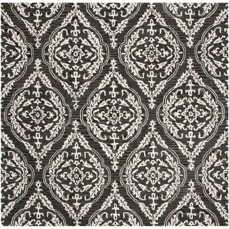 Ivory and Charcoal 6' x 6' Square Handmade Wool Floral Rug