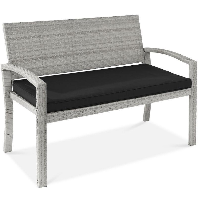 Gray and Black Wicker 2-Person Outdoor Bench with Cushion