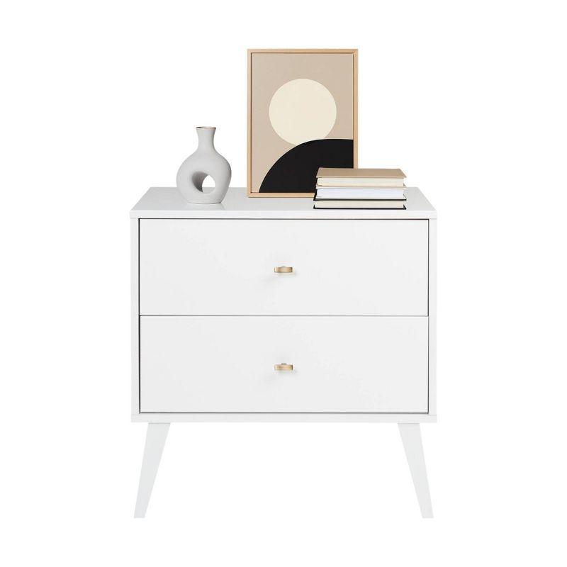 Mid Century Modern 2 Drawer Wide Nightstand White - Prepac: Sleek Bedside Table, Tapered Legs