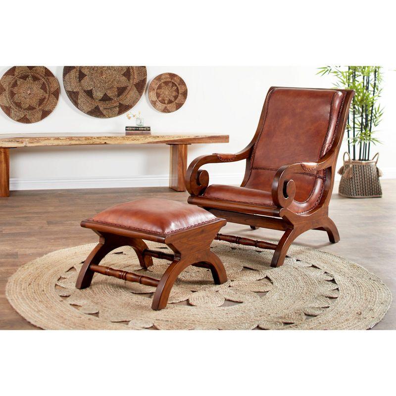 Traditional Teak Wood Accent Chair with Arms and Ottoman Brown - Olivia & May: Leather Upholstered, No Assembly Required