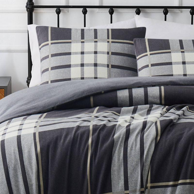 2pc Twin/Twin Extra Long Milo Plaid Flannel Duvet Cover Set Gray - Truly Soft: Cotton Material, 180 Thread Count, Includes Sham