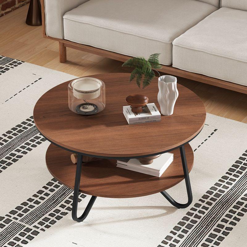 Costway 2-Tier Round Coffee Table with Wood Grain Finish & Heavy-duty Metal Frame