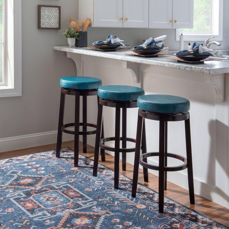 Teal Backless Swivel Wood and Leather Bar Stool