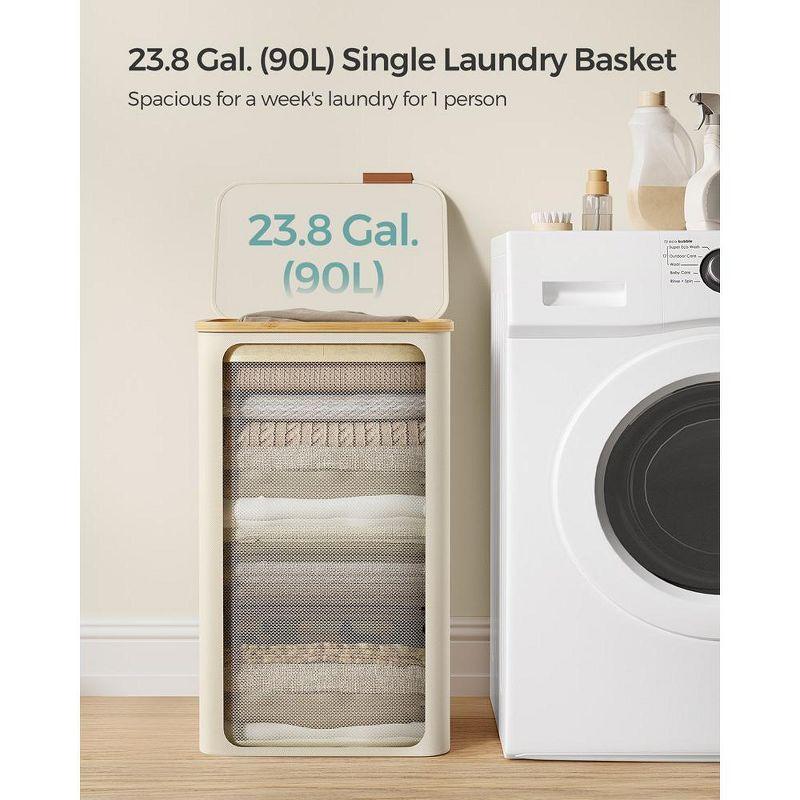 SONGMICS Laundry Hamper with Lid, Large Laundry Basket, 23.8 Gallons (90L), Removable Mesh Liner, Bamboo Handles, Collapsible Cream White