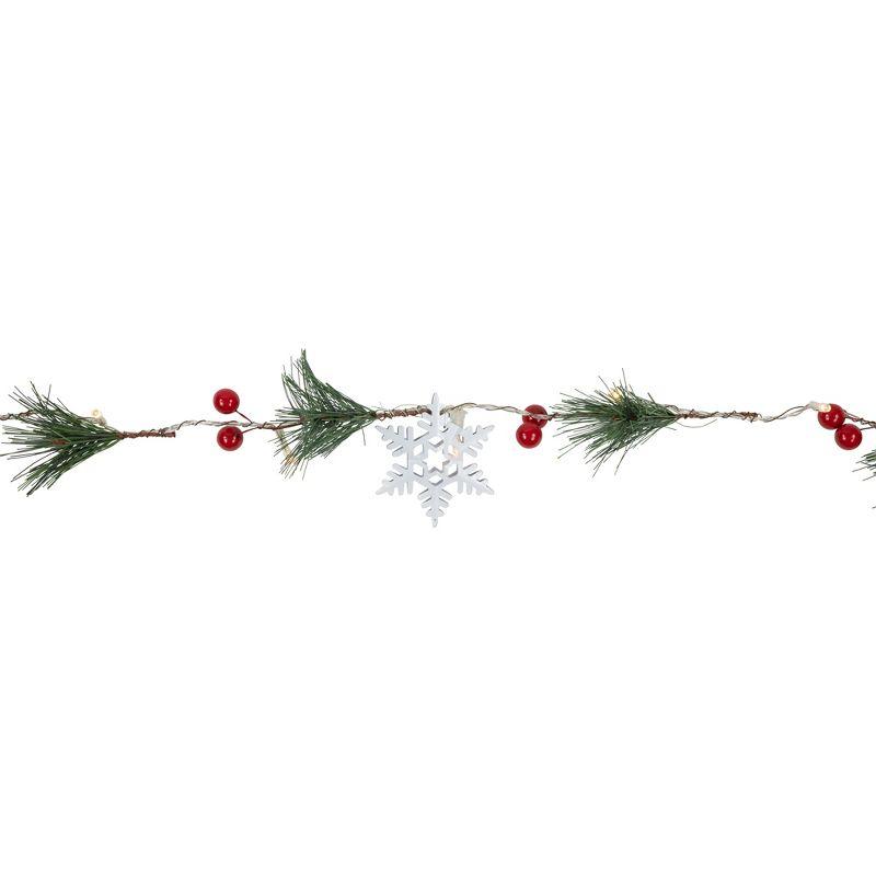 Northlight Pre-Lit B/O Pine, Berry and Snowflake Christmas Garland - 6' - Warm White LED Lights