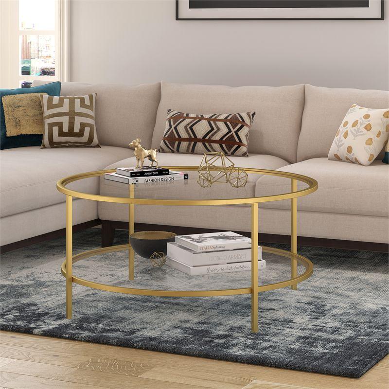 Round Metal Base Coffee Table in Brass with Glass Top - Henn&Hart