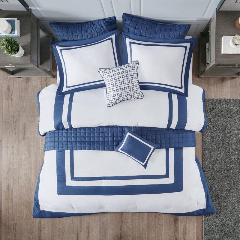 Navy and White Hotel Style Comforter and Coverlet Full Set