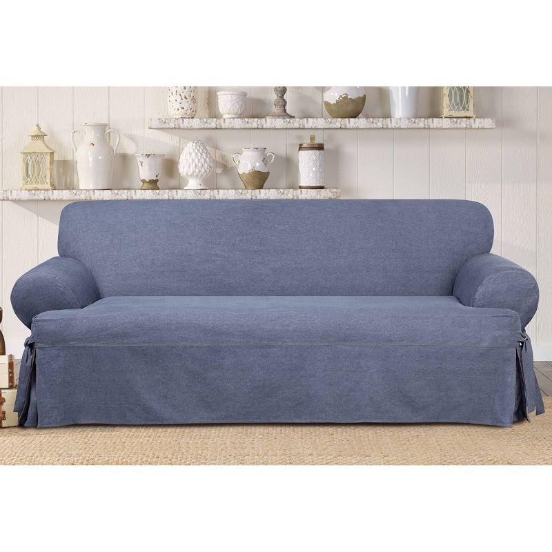 Authentic Denim T Cushion Loveseat Slipcover - Sure Fit: Machine Washable, Indoor Use, Front Tie Closure