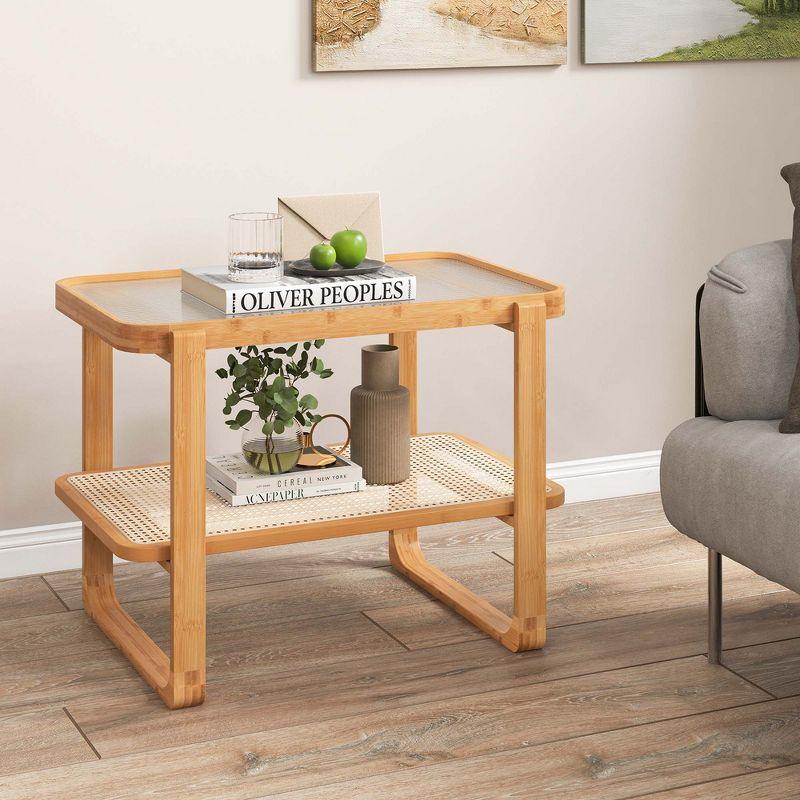 Costway 2 PCS Bamboo Side Table Rattan Shelf Glass Top Nightstand Small Sofa End Table