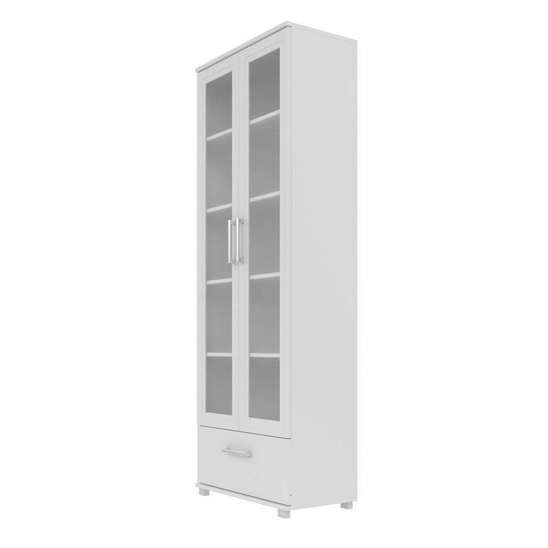 White 71.85" Bookcase with Frosted Glass Doors and Drawer