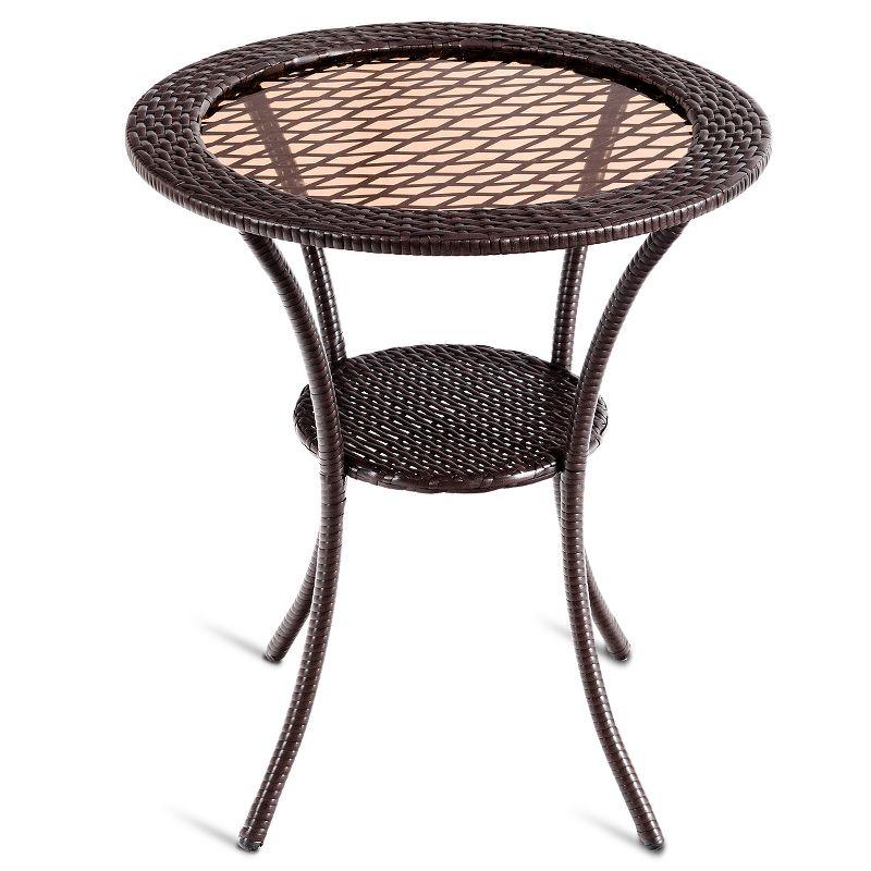 Outdoor Round Brown Rattan Wicker Coffee Table with Glass Top