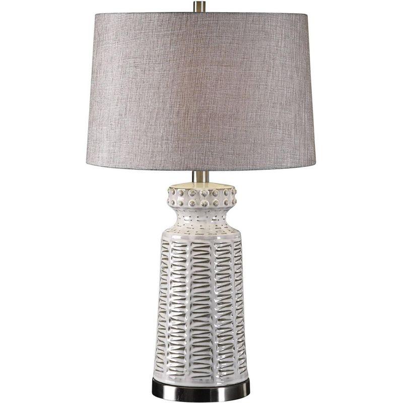 Distressed Glossed White Ceramic Table Lamp with Gray-Beige Shade