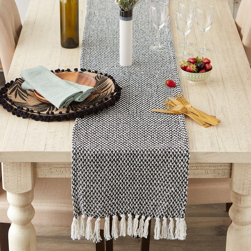 Design Imports  Woven Jacquard Fringe Table Runner, Black, 15X72"