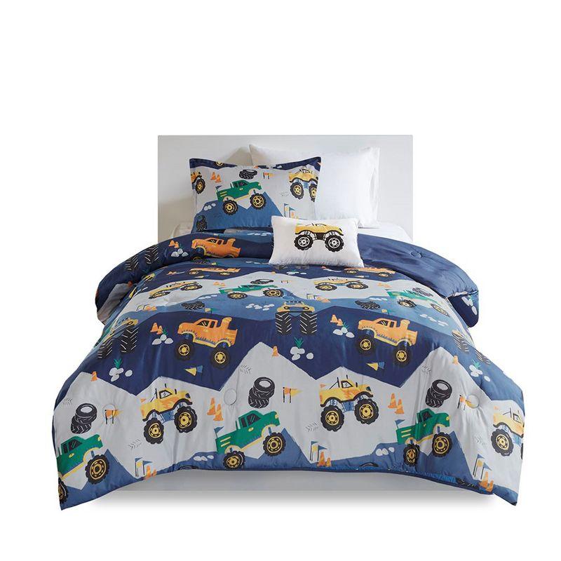 Blue Twin Monster Truck Comforter Set with Decorative Pillow