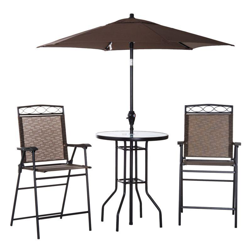 Outsunny 4 Piece Patio Bar Set for 2 with 6' Adjustable Tilt Umbrella, Outdoor Bistro Set with Folding Chairs & Glass Round Dining Table