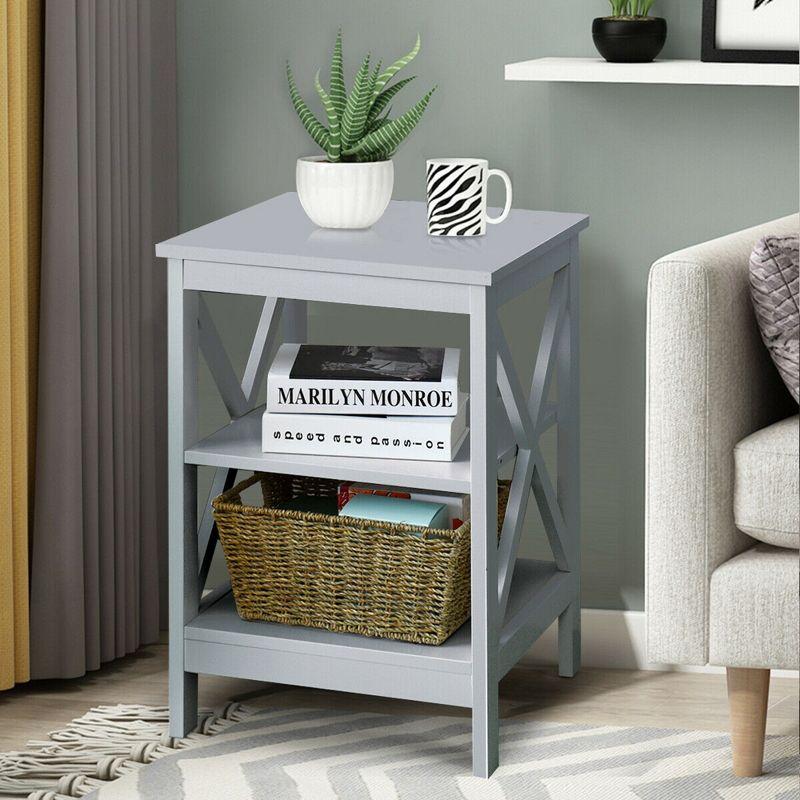 Costway 3-Tier Nightstand End Table X Design Storage Display Shelf Living Room Grey