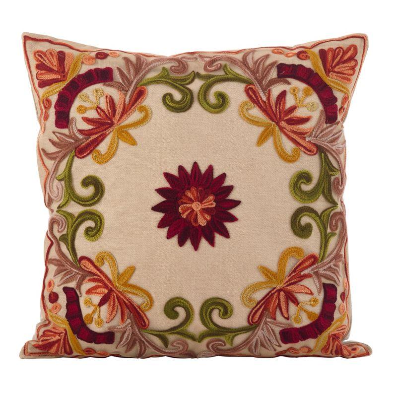 Medium Multicolor Embroidered Floral Square Throw Pillow