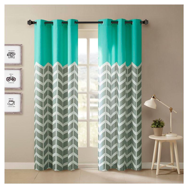 Aqua and Gray Chevron Room-Darkening Grommet Curtain Panel Pair