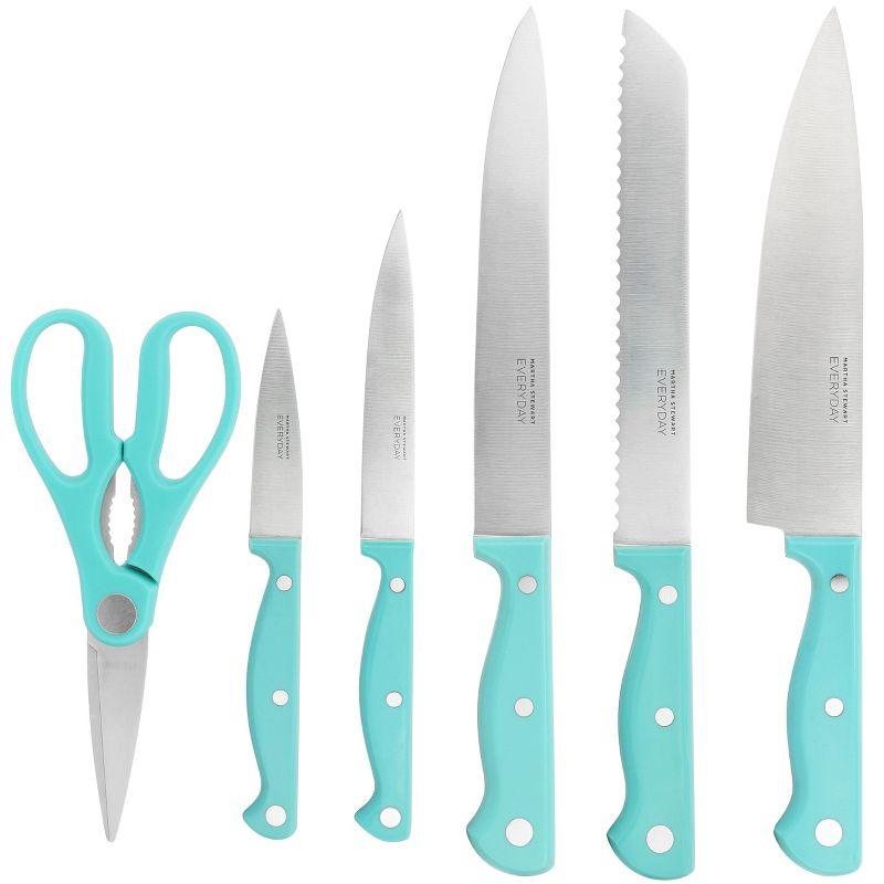 Martha Stewart Everyday Keswick 7 Piece Stainless Steel Cutlery and Wood Block Set in Teal