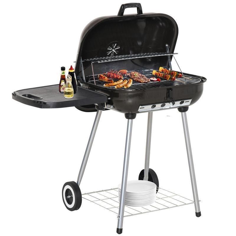 Outsunny 21" Steel Charocal Grill with Portable Wheel, Side Tray and Lower Shelf for Outdoor BBQ for Garden, Backyard, Poolside