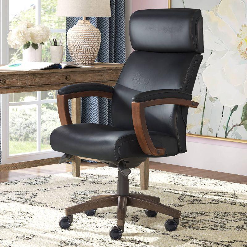 ErgoExecutive High-Back Swivel Chair with Wood Accents in Black Leather