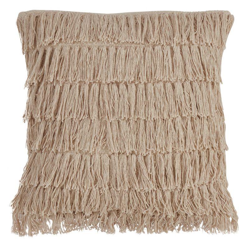 Beige Cotton Woven Fringes Square Throw Pillow