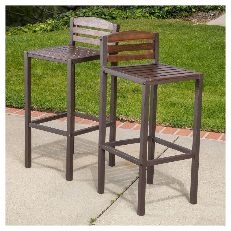 Milos Set of 2 Acacia Barstool - Dark Brown / Rustic Metal - Christopher Knight Home: UV & Weather-Resistant Patio Seating