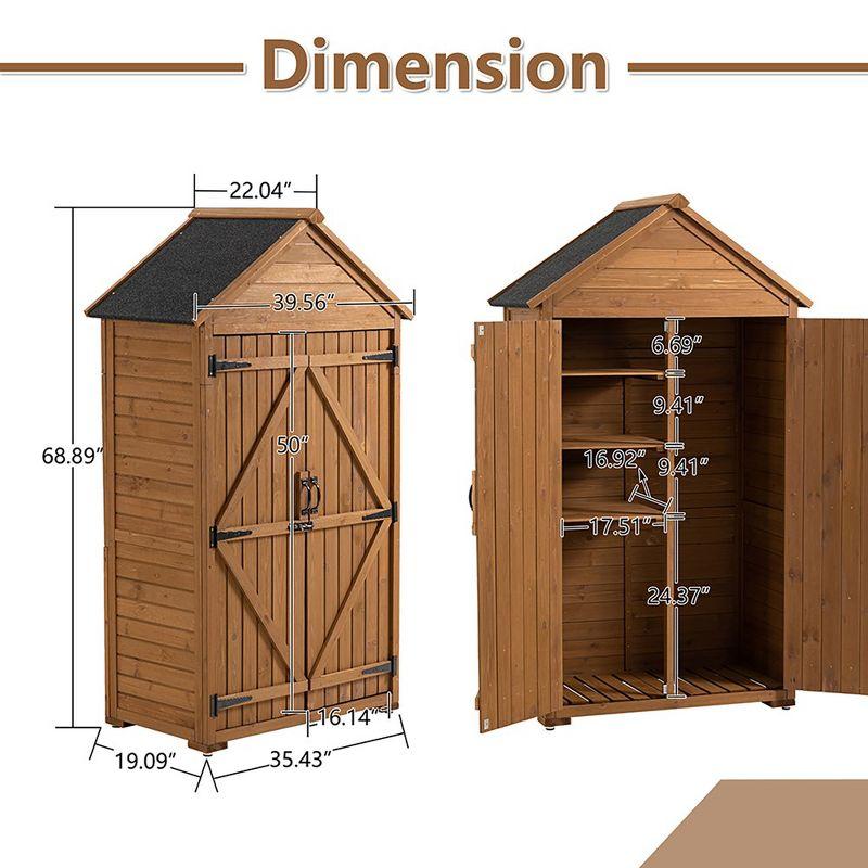 Brown Fir Wood Outdoor Storage Cabinet with Shelves and Lock