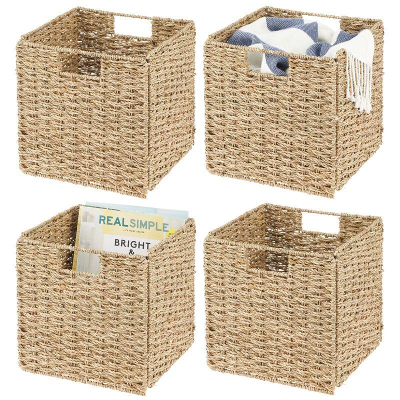 Seagrass Woven Square Storage Bin with Handles - Natural Off-White