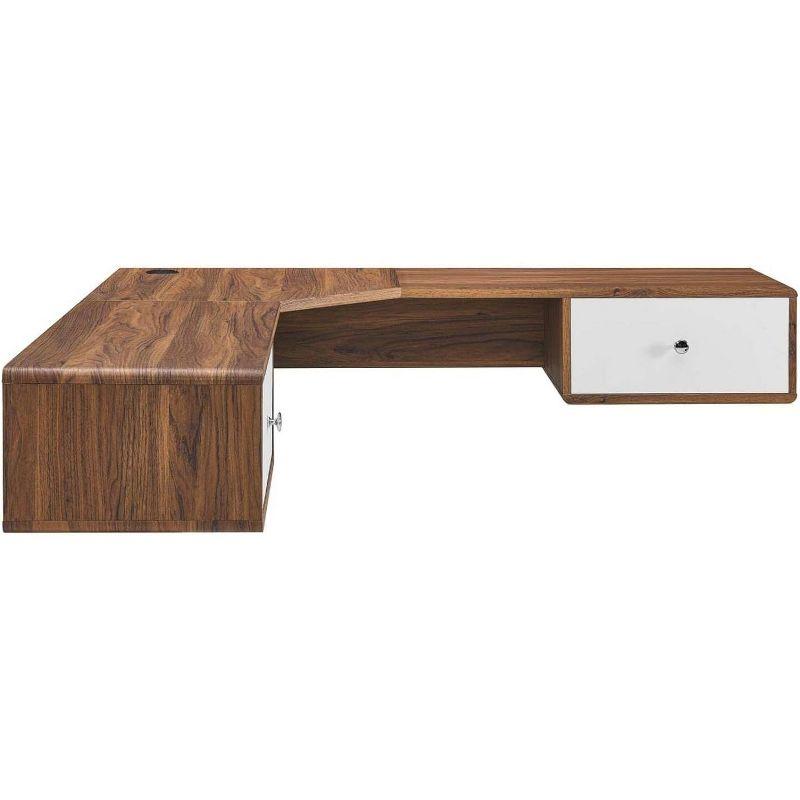 Mid-Century Walnut Wood Wall-Mounted Corner Desk with Drawers