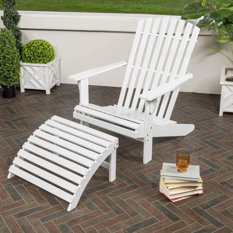 Saranac 2-Piece Traditional Rustic Acacia Wood Adirondack Chair with Detachable Ottoman, White - JONATHAN Y