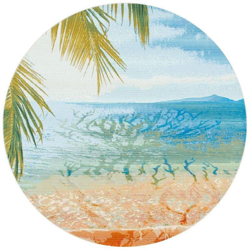 Barbados Blue and Gold Round Synthetic Outdoor Rug