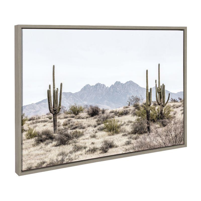 Tall Saguaro Cacti Desert Mountain Gray Framed Canvas Print