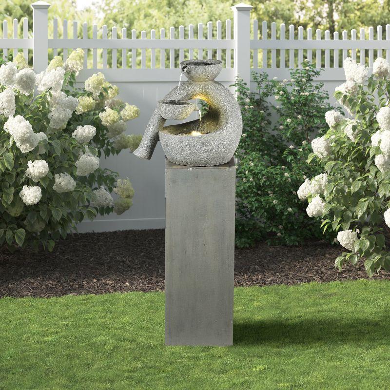LuxenHome Gray Resin Modern Sculpture Pedestal Outdoor Fountain with Lights
