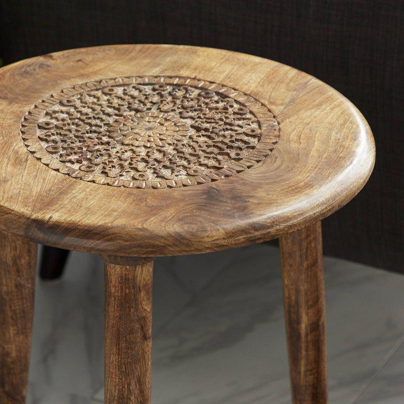 Handcrafted Dark Brown Mango Wood Floral Carved Round Accent Table