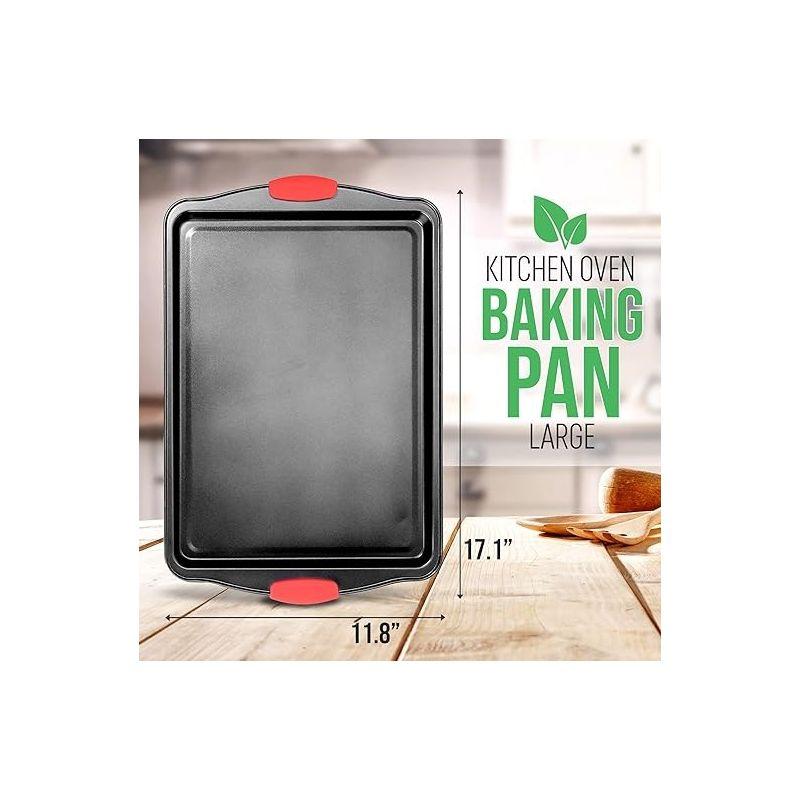 NutriChef Large Cookie Sheet - Deluxe Nonstick Gray Coating Inside & Outside With Red Silicone Handles